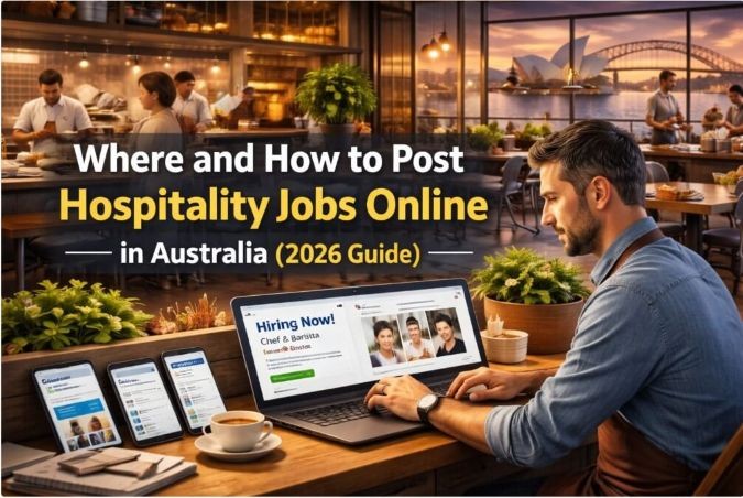 Where and How to Post Hospitality Jobs Online in Australia (2026 Guide) Hospitality business owner posting chef and barista jobs online from a café in Australia, representing modern hospitality hiring platforms in 2026.