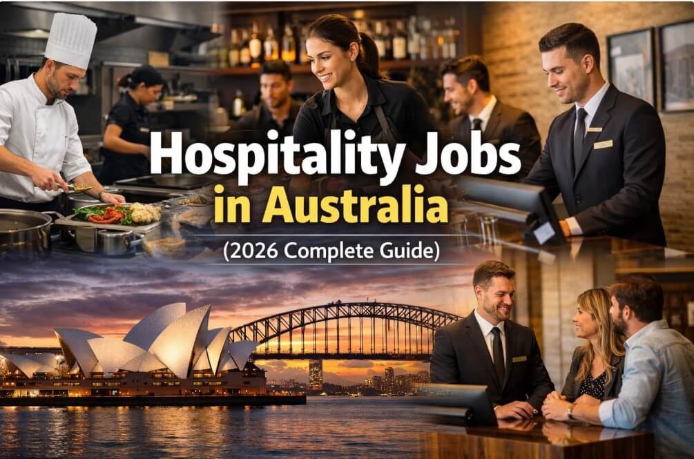 Hospitality Jobs in Australia – 2026 Complete Guide Hospitality professionals working in kitchens, front-of-house, and hotels across Australia, representing hospitality jobs in Australia in 2026.