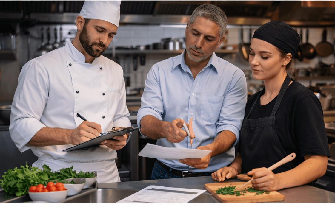restaurant manager and chef defining kitchen staff roles before hiring in Australia